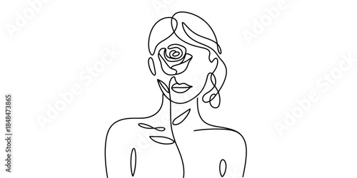 Minimalist one line drawing woman face with rose over eye