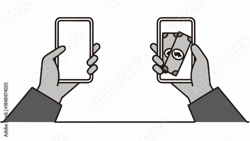 Illustration depicting two hands holding smartphones, one displaying money transfer on the screen
