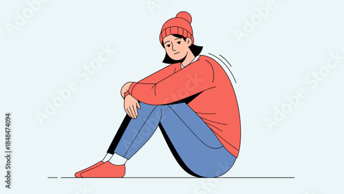 Casual winter attire: woman sitting alone in a relaxed pose with a cozy hat