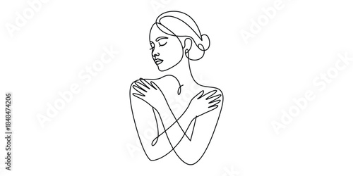 Minimalist continuous line drawing of a woman hugging herself