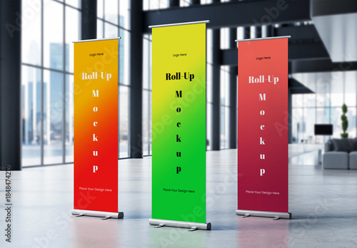 Three Roll Up Banner Mockups with Gradient Colors