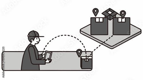 Delivery man tracking packages on a tablet device with boxes and location pins for logistics shown