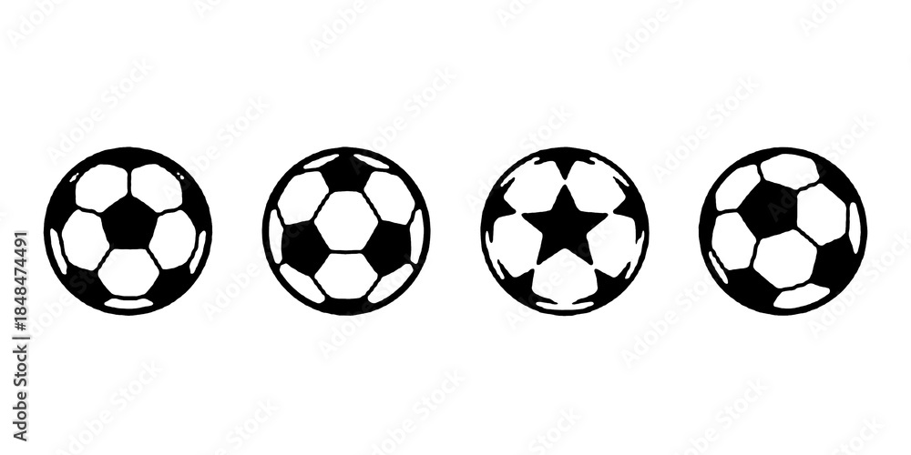 Fototapeta premium Set of monochrome soccer balls. Football or soccer related. Collection symbol of football