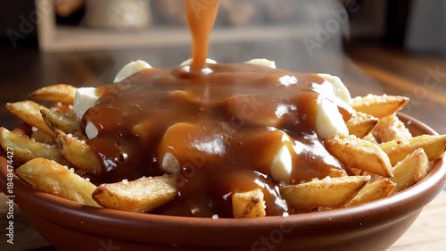 Delicious golden french fries and squeaky white cheese curds are generously covered with rich savory brown gravy creating a classic and comforting Canadian poutine dish served in a rustic bowl highli.