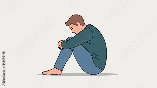 Sad man sitting alone in thoughtful pose on floor