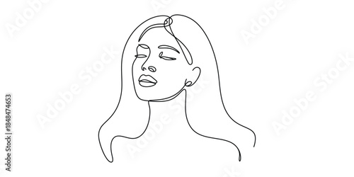 Minimalist continuous line drawing of a womans face with eyes closed