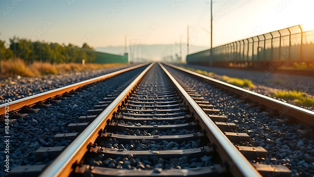 Obraz premium ballast. A long railroad track with gravel stretching to the horizon in morning light. mobility guides, transit brochures, designed for transport & logistics marketing.