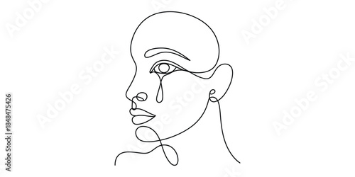 Minimalist continuous line drawing of a crying womans face in profile