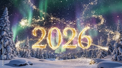 Magical 2026 New Year Celebration under Aurora Borealis and Snowfall