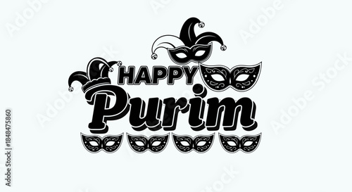 Happy purim vector graphic design for purim holiday celebration with masks and jester hat vector