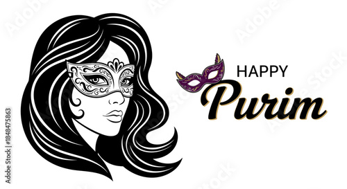 Happy purim celebration with woman in mask vector illustration for holiday design element