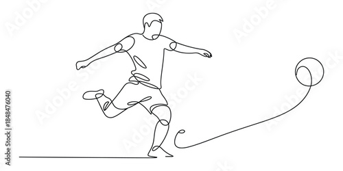 One line drawing of a soccer player kicking a ball