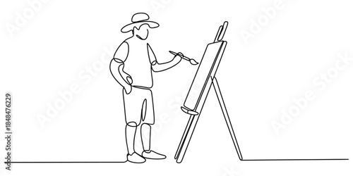Artist painting on easel, continuous line drawing style