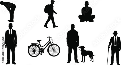 Set of vector black silhouettes of men in different poses, including business, hiking, walking dog, and meditation, with bicycle isolated on white.