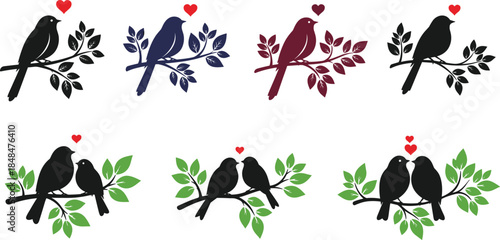 Set of vector illustrations featuring love birds sitting on branches with red hearts, symbolizing romance, affection, wedding, Valentine's Day, and enduring couple relationship graphic elements.