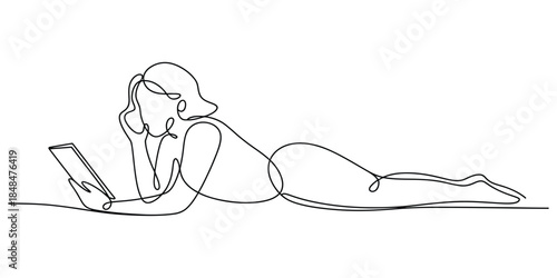 Woman lying down reading on tablet one line art drawing