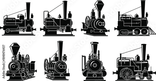 Set of vintage steam train silhouettes, antique locomotive engine icons, retro railway transport vector illustration collection for industrial history design