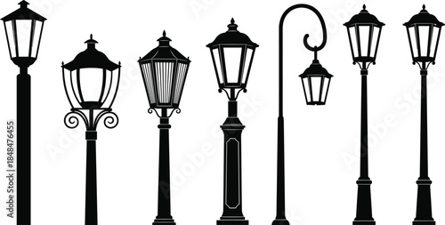 Set of vintage street light silhouettes in vector illustration isolated on white, collection of antique outdoor lamp posts, classic lanterns, and retro garden lighting fixtures.