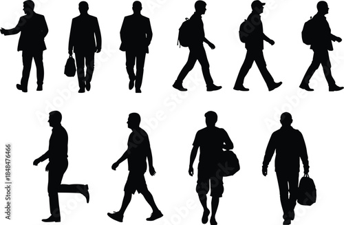 Set of walking man silhouettes, vector illustration collection of male pedestrians with backpacks and briefcases, isolated on white background for urban people design
