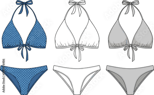 Set of women's bikini swimwear technical drawings, featuring blue patterned, outline, and grey versions of triangle top and bottoms, isolated vector.