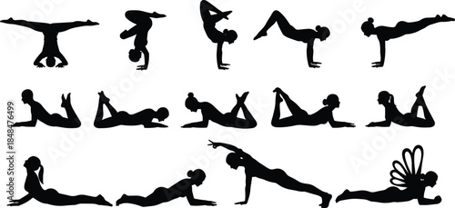 Set of yoga silhouettes featuring women in various stretching poses and asanas, isolated black vector illustration on white background for fitness.