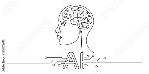 Artificial intelligence concept, continuous line drawing of human head with brain and ai text