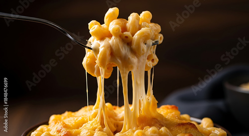 Close up of creamy macaroni and cheese being lifted with a fork