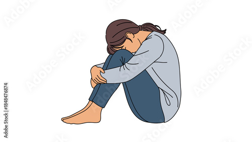 Sad woman sitting alone in minimalist style on white background