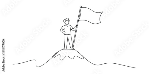 Man standing on mountain peak planting flag line art