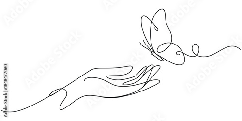 Minimalist one line drawing of hand releasing a butterfly