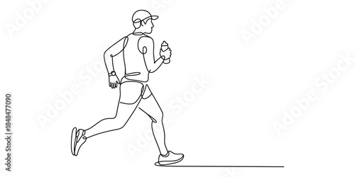 Continuous line drawing of man running with water bottle and cap