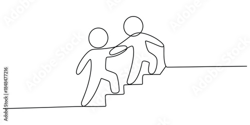 One line drawing of two people helping each other climb stairs