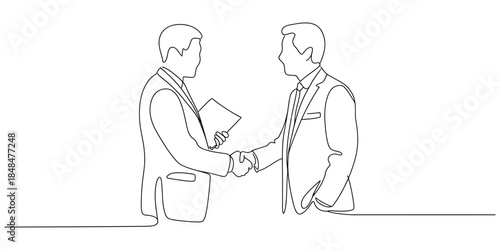 Business handshake line art drawing of two men in suits agreeing