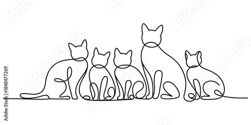Continuous line drawing of five cats sitting together, minimalist art