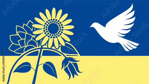 Sunflower and Dove of Peace in Blue and Yellow Colors – Symbolic Vector Illustration for Hope, Freedom, Humanitarian Projects and Awareness Campaigns