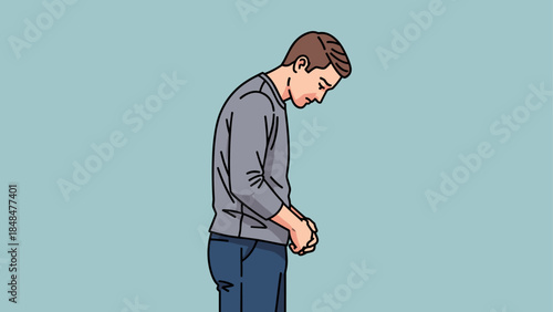Side profile of a thoughtful man in casual attire on a blue background