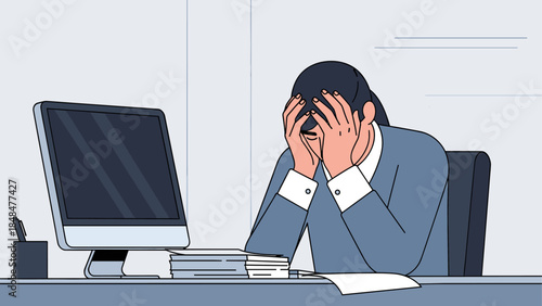 Frustrated office worker with head in hands at computer desk in minimalist workspace