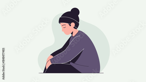 Minimalist flat style sad woman sitting hugging knees in thoughtful pose