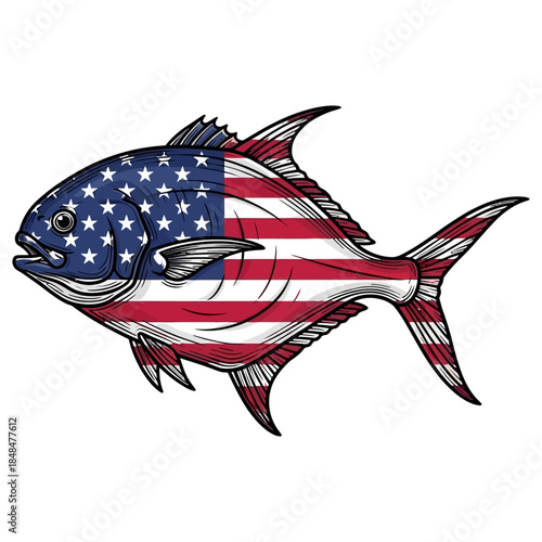 American flag permit fish illustration with stars and stripes patriotic sport fishing vector design