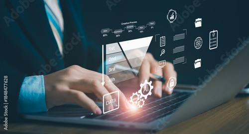 Business professional using laptop, AI analytics interface, workflow funnel, performance metrics, security icons for automation, data driven decisions, digital transformation, business optimization.