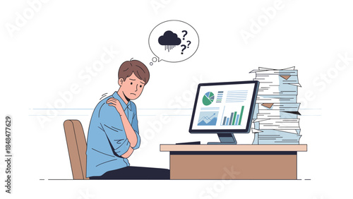 Frustrated employee thinking at desk overwhelmed by paperwork and data charts