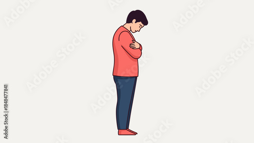 Man standing in thoughtful pose with folded arms in minimalist style