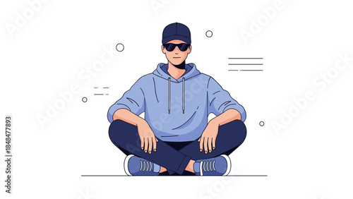 Casual man in hoodie and cap sitting cross-legged with sunglasses in minimalist style