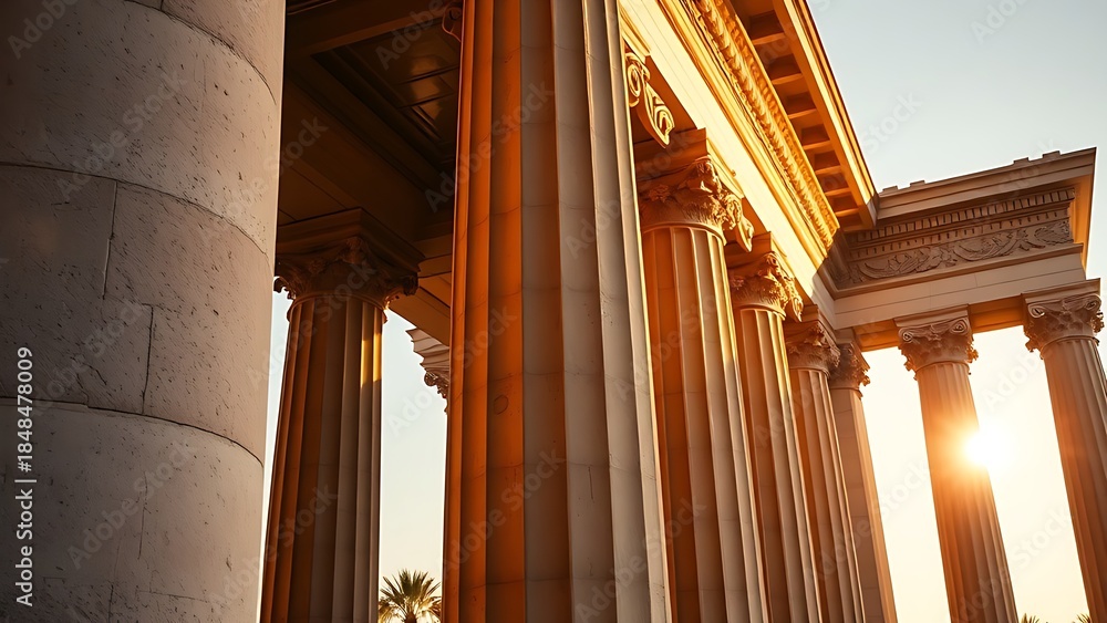 Fototapeta premium neoclassical. Classical stone pillars bathed in golden sunlight, showcasing architectural details with dramatic shadows. real-estate listings.
