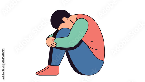 Minimalist design of a person sitting in a pensive pose with vibrant colors