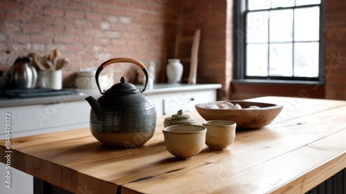 A rustic-modern kitchen island with handmade clay cups and a kettle, set in a cozy kitchen with exposed brick walls. 