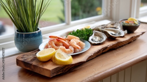 A seafood grazing board with shrimp, oysters, and lemon wedges on a driftwood table by a coastal window. 