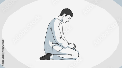Man in thoughtful prayer pose on white background