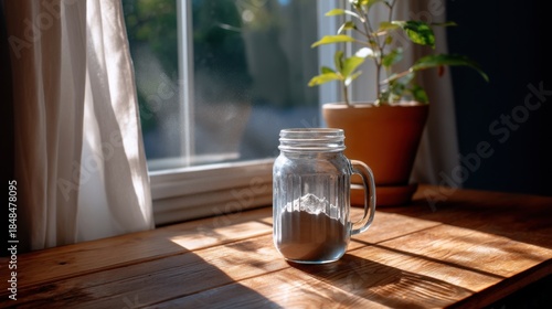 A serene morning scene with vitamin powder mixing in a mason jar, sunlight shining through the window. 