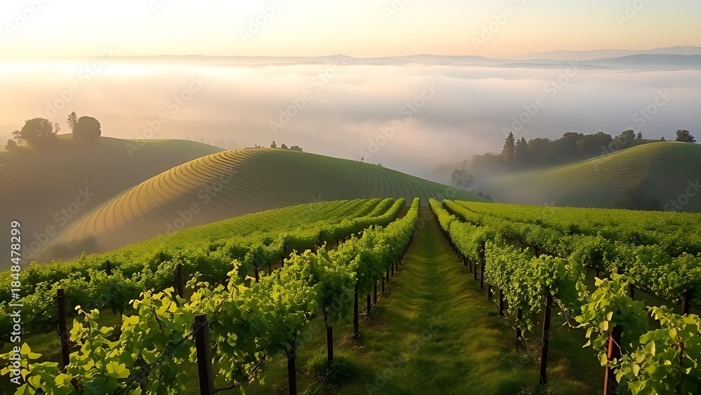Fototapeta premium passphrase. Nebbiolo grape vineyard on Piedmont hillside with morning fog and rolling hills. travel magazines, destination branding, designed for outdoor magazines and nature guides.